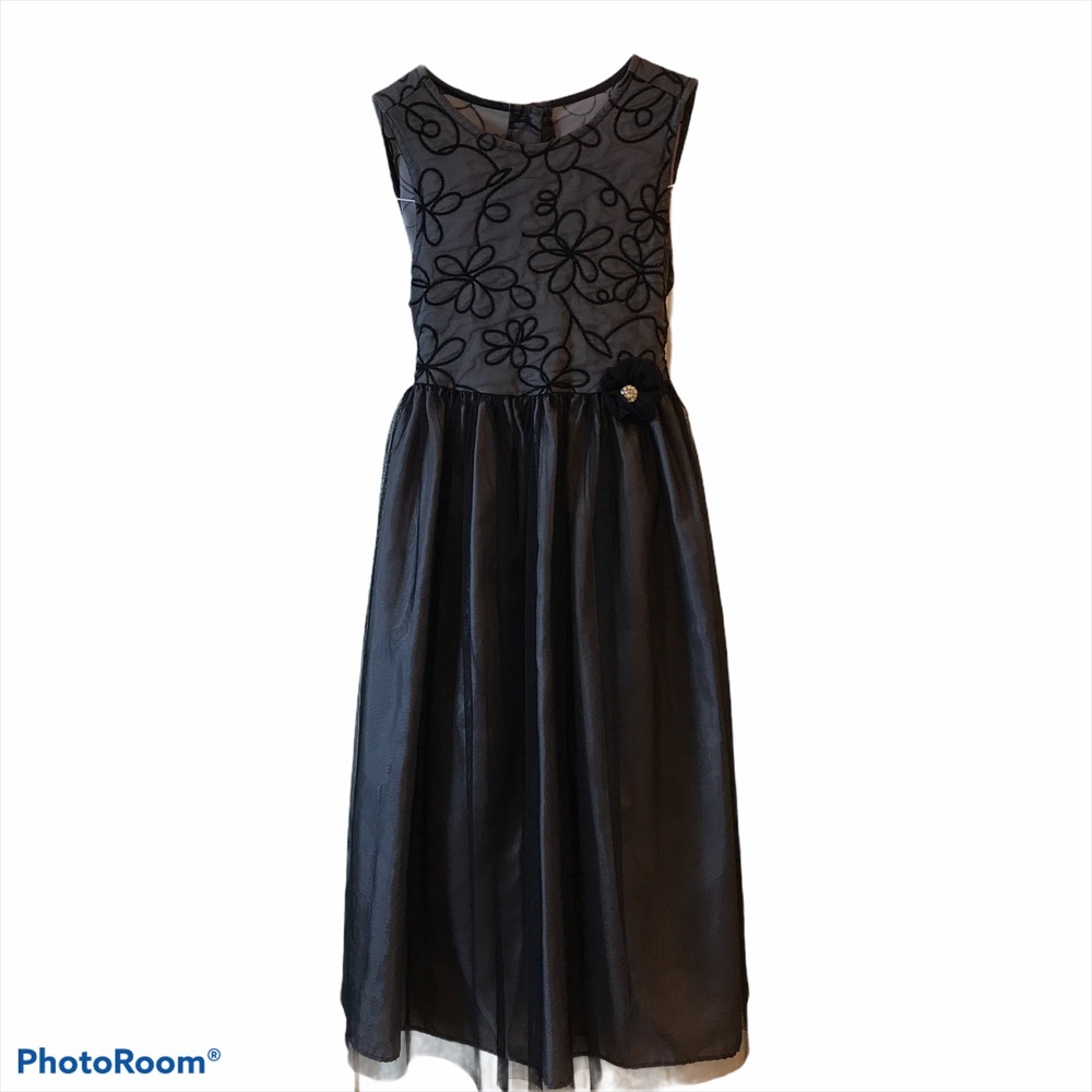Girl's Perfectly Dressed Black Long Floral Formal Rosette Rhinestones Size 8